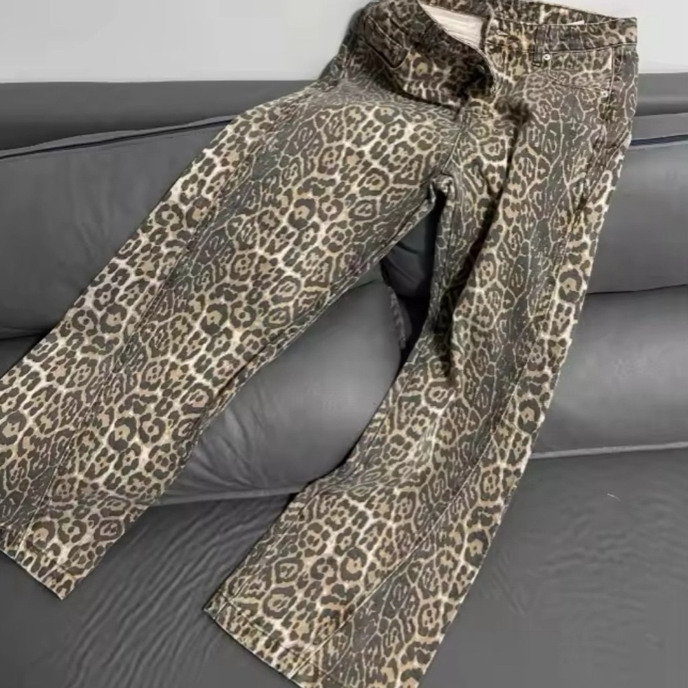 American Retro Leopard High Waist Baggy Jeans Women's Casual Pockets Hip-hop Pan